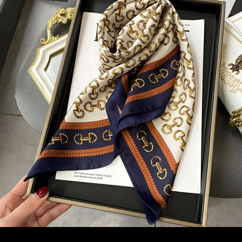 Square Scarf Blue Edge Golden Buckles Printed, Silky Style Neck Scarf